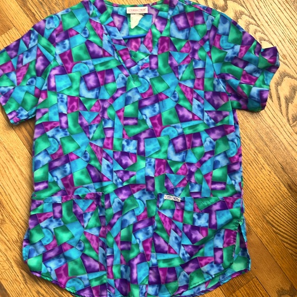 Cherokee silky colorful adjustable tie waist Vneck 2pocket scrub top szS - Picture 1 of 3
